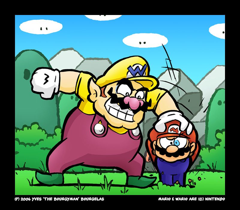 2boys brown_hair day evil_grin evil_smile facial_hair fat fat_man gloves grass grin hat mario mario_(series) mountain multiple_boys mustache nintendo overalls smile thebourgyman wario