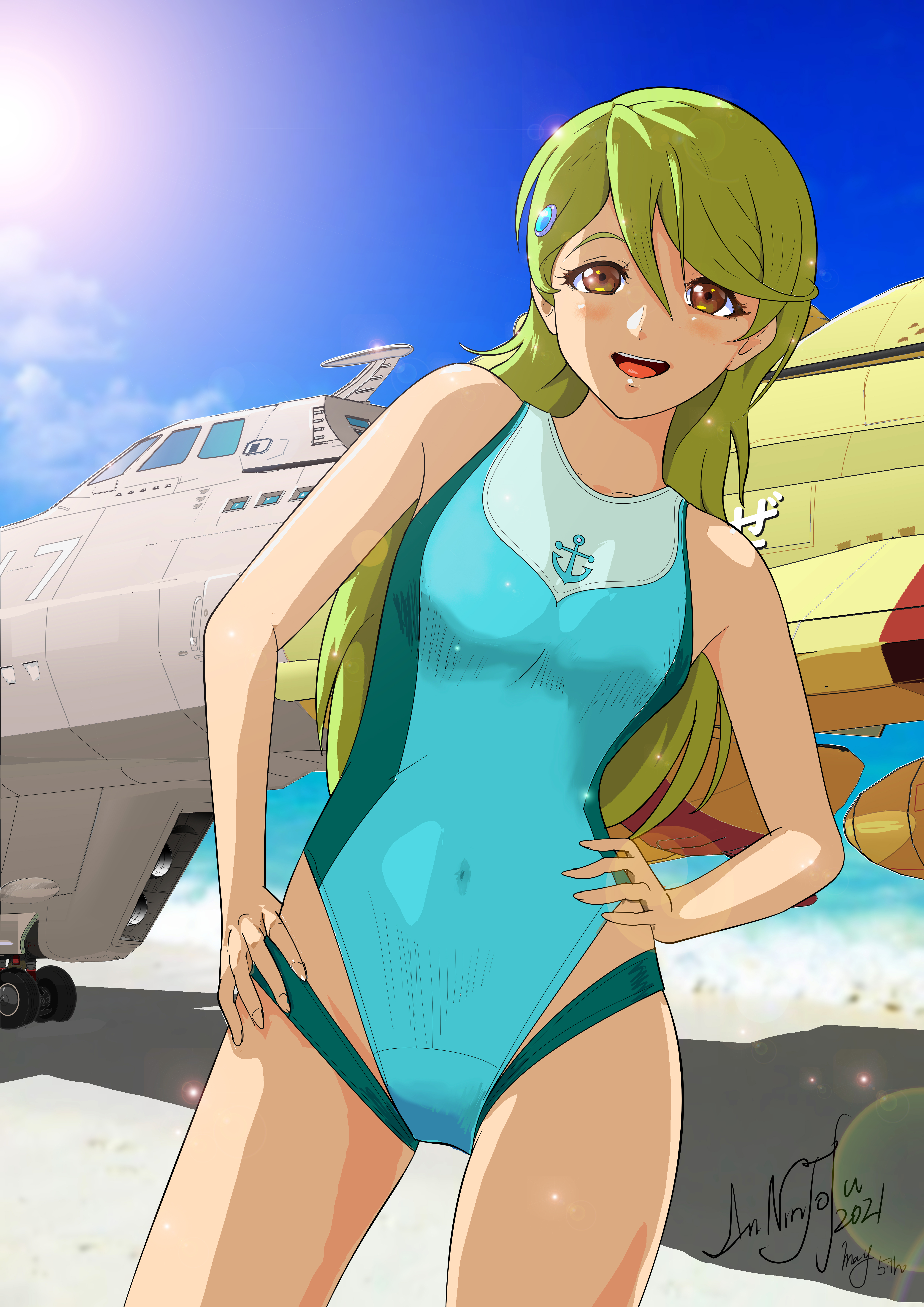 1girl :d absurdres alternate_costume annin_tofu blonde_hair blue_one-piece_swimsuit breasts brown_eyes commentary_request covered_navel hands_on_own_hips highres long_hair looking_at_viewer medium_breasts one-piece_swimsuit open_mouth sasha_(uchuu_senkan_yamato) science_fiction smile solo spacecraft swept_bangs swimsuit uchuu_senkan_yamato uchuu_senkan_yamato_2205:_arata_naru_tabidachi yamato_(uchuu_senkan_yamato)