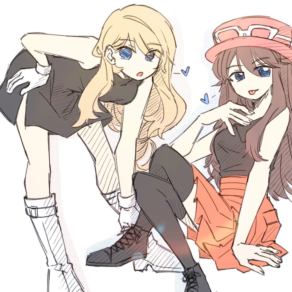 2girls bent_over black_dress black_thighhighs blue_eyes boots brown_hair cosplay costume_switch dress eyewear_on_headwear gloves green_(pokemon) green_(pokemon)_(cosplay) hat looking_at_viewer multiple_girls nintendo pink_hat pokemon pokemon_adventures red_skirt riceball_(gohan_gin) serena_(pokemon) serena_(pokemon)_(cosplay) shirt sitting skirt sleeveless sleeveless_duster sleeveless_shirt sunglasses thighhighs white-framed_eyewear white_background white_boots white_gloves