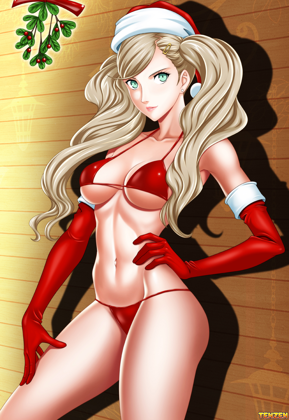 1girl artist_name bare_shoulders bikini blonde_hair breasts christmas cleavage collarbone commentary earrings elbow_gloves english_commentary female_focus gloves green_eyes hair_ornament hairclip hand_on_own_hip hand_on_thigh hat highres jewelry long_hair looking_at_viewer medium_breasts micro_bikini mistletoe navel persona persona_5 red_bikini red_gloves santa_bikini santa_costume santa_hat shiny_clothes solo standing stomach swept_bangs swimsuit takamaki_anne tenzen_(netspike) thighs twintails underboob wooden_wall