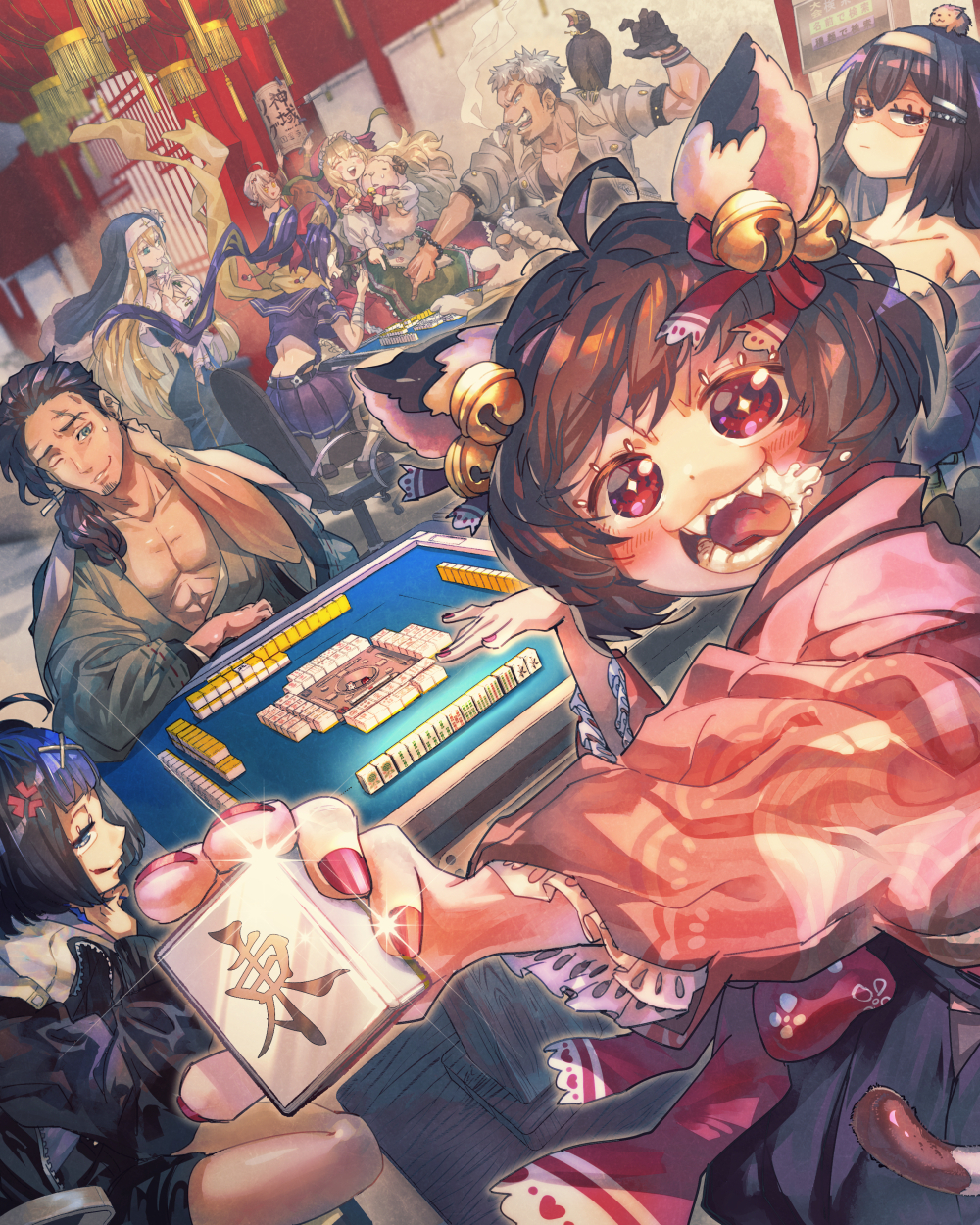 +_+ 2boys 6+girls :3 ahoge anger_vein animal_ears bell bird black_dress black_hair black_headwear black_shirt blonde_hair blue_eyes blunt_bangs bonnet bow brown_hair cat_ears cat_girl chair cigarette closed_mouth coif collarbone commentary_request cowboy_shot dress drooling dutch_angle eagle eliisa_(mahjong_soul) eyebrow_cut frilled_headwear frilled_sleeves frills frown fu_ji full_body glint grey_jacket grey_kimono grin hair_bell hair_bow hair_ornament hairband hedgehog highres himekawa_hibiki holding holding_mahjong_tile ichihime indoors jacket japanese_clothes jingle_bell joseph_(mahjong_soul) kimono kitahara_lily korokoro_daigorou lantern long_hair long_sleeves looking_at_another looking_at_viewer looking_to_the_side low_ponytail mahjong mahjong_soul mahjong_table mahjong_tile medium_hair multiple_boys multiple_girls nikaidou_miki nun office_chair on_chair one_eye_closed open_mouth paper_lantern pink_kimono pleated_skirt ponytail purple_serafuku purple_shirt purple_skirt ransei_(mahjong_soul) red_bow red_eyes red_headwear red_nails school_uniform serafuku shaded_face shirt short_bangs short_hair short_sleeves skirt smile standing standing_on_chair swivel_chair table teeth tongue tongue_out tsukimi_zan undercut v-shaped_eyebrows white_hairband white_shirt x_hair_ornament
