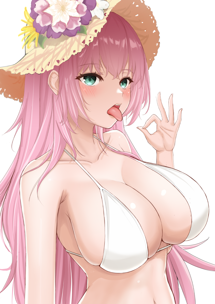 1girl aqua_eyes azur_lane bikini blush breasts collarbone fellatio_gesture handjob_gesture hat highres large_breasts navel official_alternate_costume open_mouth sideboob simple_background solo straw_hat surcouf_(azur_lane) surcouf_(loisirs_balneaires)_(azur_lane) swimsuit tongue tongue_out upper_body vik_(xypt7474) white_background white_bikini