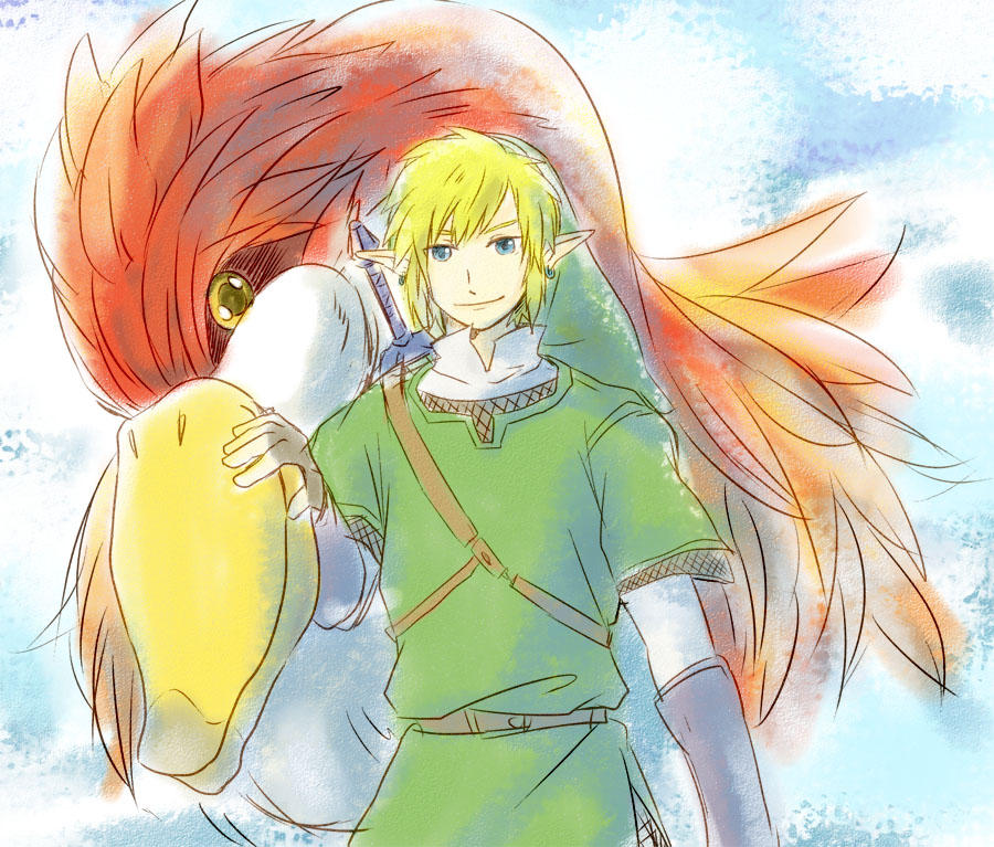 1boy bird blonde_hair blue_eyes earrings gloves green_shirt hat jewelry link loftwing male_focus nintendo pointy_ears seasolt smile solo sword the_legend_of_zelda the_legend_of_zelda:_skyward_sword weapon yellow_eyes