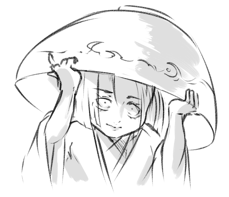 1girl bad_id bad_twitter_id blunt_ends bowl bowl_hat closed_mouth commentary cropped_torso english_commentary eyelashes hands_on_headwear hat japanese_clothes kimono light_smile lips long_sleeves looking_at_viewer luo_qiangwei oversized_hat parted_bangs short_hair simple_background solo sukuna_shinmyoumaru touhou white_background wide_sleeves