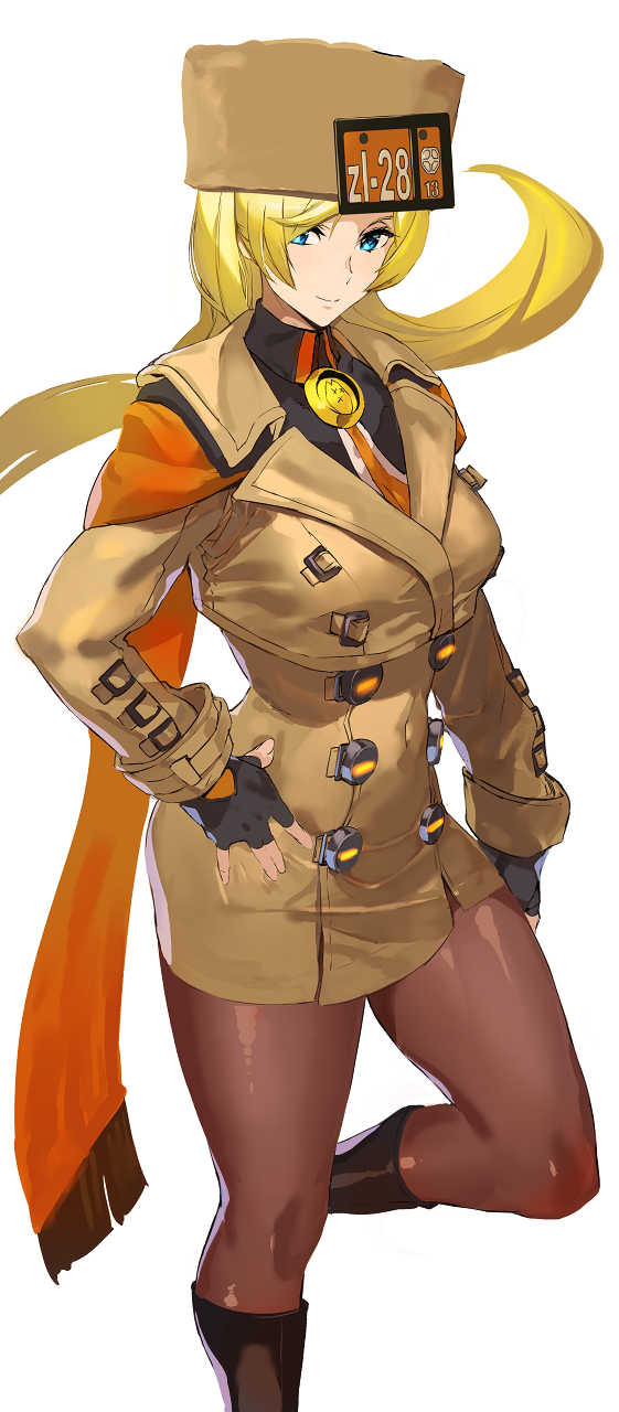 1girl ashiomi_masato black_boots black_gloves blonde_hair blue_eyes boots breasts buttons closed_mouth coat commentary_request detached_sleeves fingerless_gloves fur_hat gloves guilty_gear guilty_gear_strive hand_on_own_hip hat highres knee_boots long_hair long_sleeves looking_at_viewer medium_breasts millia_rage pantyhose shiny_clothes simple_background smile solo white_background