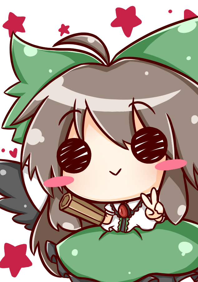 1girl :&gt; ahoge black_hair black_wings blush bow cape chibi control_rod_(touhou) female_focus hair_bow heart long_hair reiuji_utsuho ritateo smile solid_circle_eyes solo star_(symbol) touhou v white_background wings