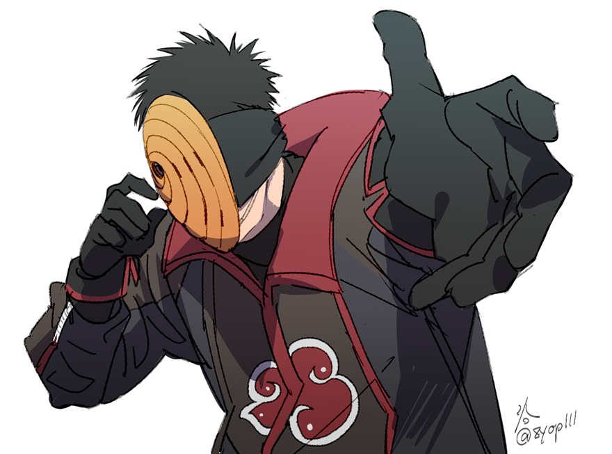 1boy akatsuki_uniform black_gloves gloves male_focus mask naruto_(series) naruto_shippuuden ninja short_hair simple_background solo spiked_hair tobi_(naruto) uchiha_obito upper_body white_background zifletts