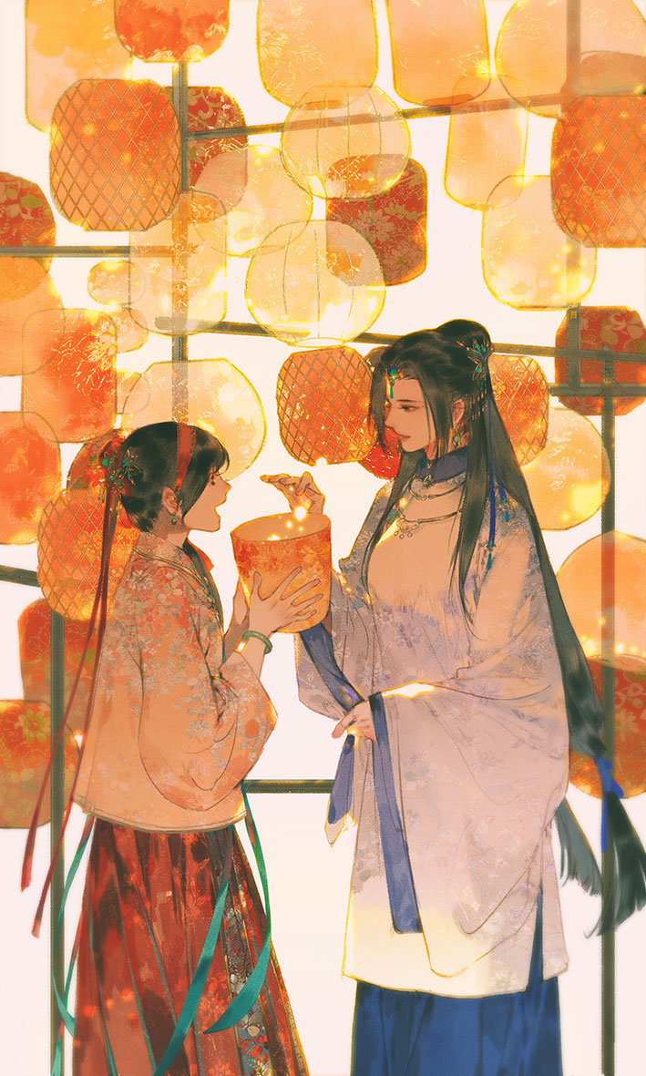 2girls aoqun blue_hanfu changmingsuo chinese_clothes earrings hanfu height_difference ibuki_satsuki jade_bangle jewelry lantern long_hair low_twintails mamianqun multiple_girls necklace original pleated_skirt red_skirt skirt twintails very_long_hair white_background
