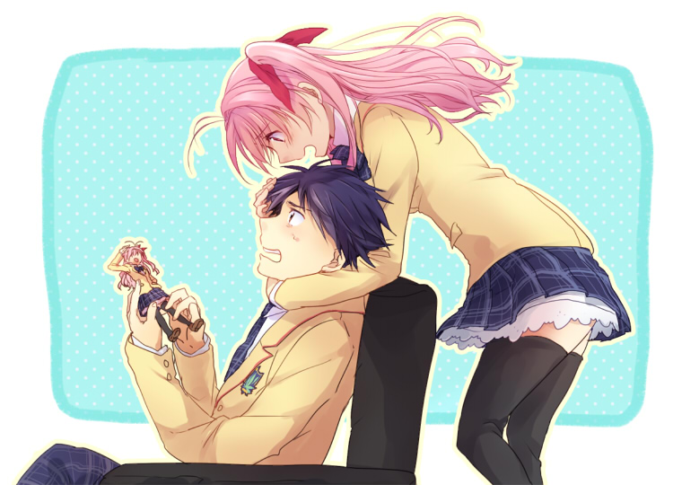 00s 1girl antenna_hair black_thighhighs bow bowtie chaos;head doll emblem from_side hair_ribbon hug hug_from_behind jacket leaning_forward long_hair miniskirt necktie nishijou_nanami nishijou_takumi one_side_up pants pink_eyes pink_hair plaid_clothes plaid_skirt pleated_skirt polka_dot polka_dot_background ribbon sakihata_rimi school_uniform sitting skirt standing takana_(nanao) thighhighs zettai_ryouiki