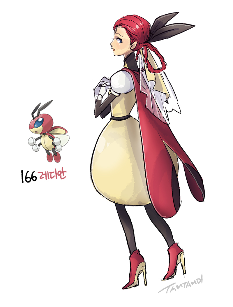 1girl commentary dress full_body gen_2_pokemon gloves hair_rings high_heels juliet_sleeves ledian long_sleeves looking_at_viewer nintendo open_mouth pantyhose personification pokemon pokemon_(creature) puffy_sleeves red_footwear red_hair reference_inset simple_background tamtamdi translated white_background white_gloves yellow_dress