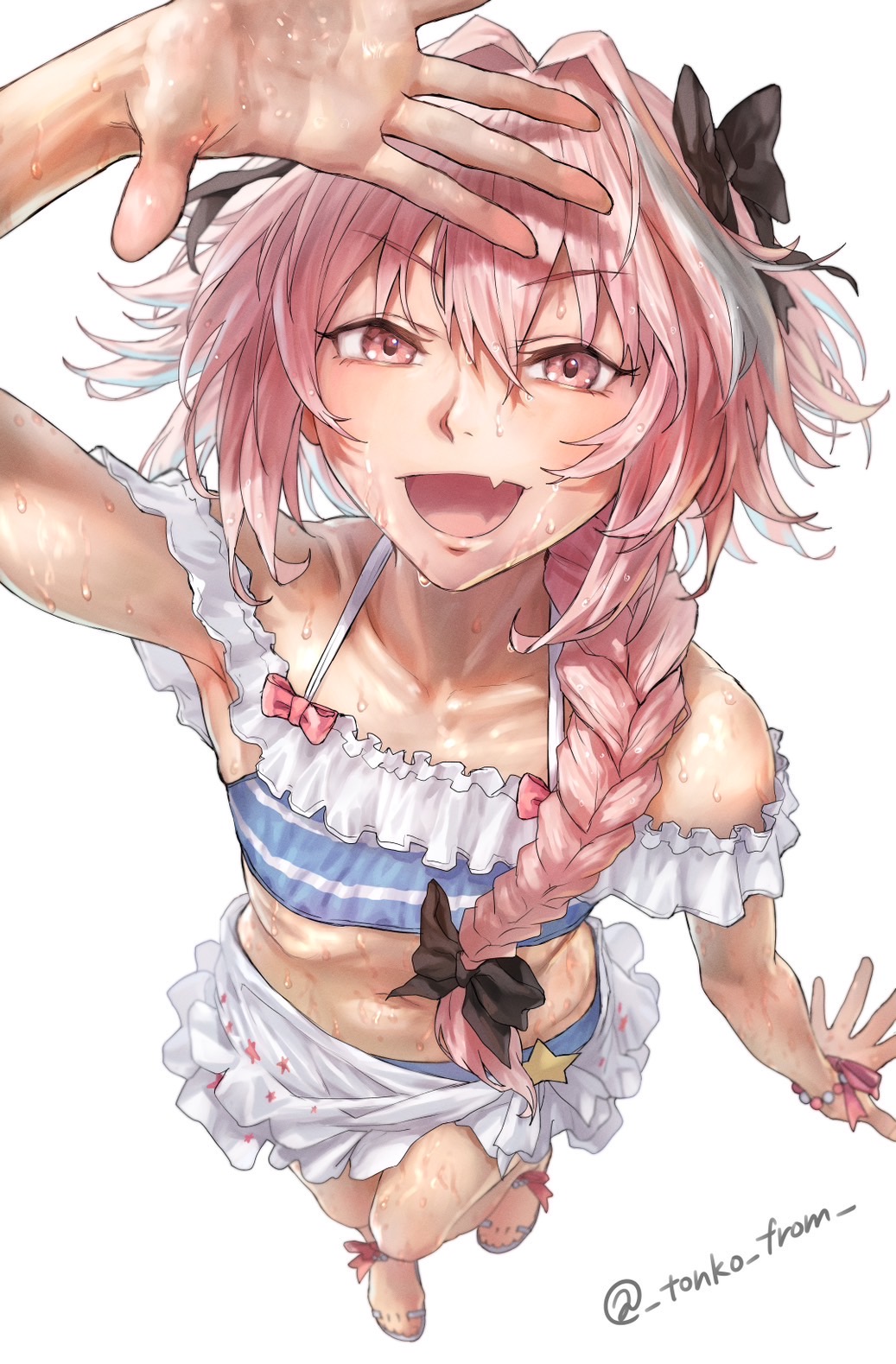 1boy astolfo_(fate) astolfo_(sparkling_frills)_(fate) bikini black_bow bow braid fang fate/grand_order fate_(series) hair_bow highres long_hair looking_at_viewer multicolored_hair open_mouth pink_eyes pink_hair sarong single_braid skirt smile solo streaked_hair striped_bikini striped_clothes sweat swimsuit tonko_from trap