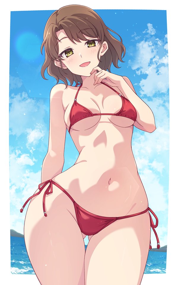 1girl :d bikini blue_sky border cloud collarbone commentary_request day e20 gluteal_fold green_eyes hand_up hashima_ema looking_at_viewer navel ocean open_mouth outdoors outside_border red_bikini second-party_source short_hair sky smile solo standing stomach swimsuit thighs toji_no_miko white_border
