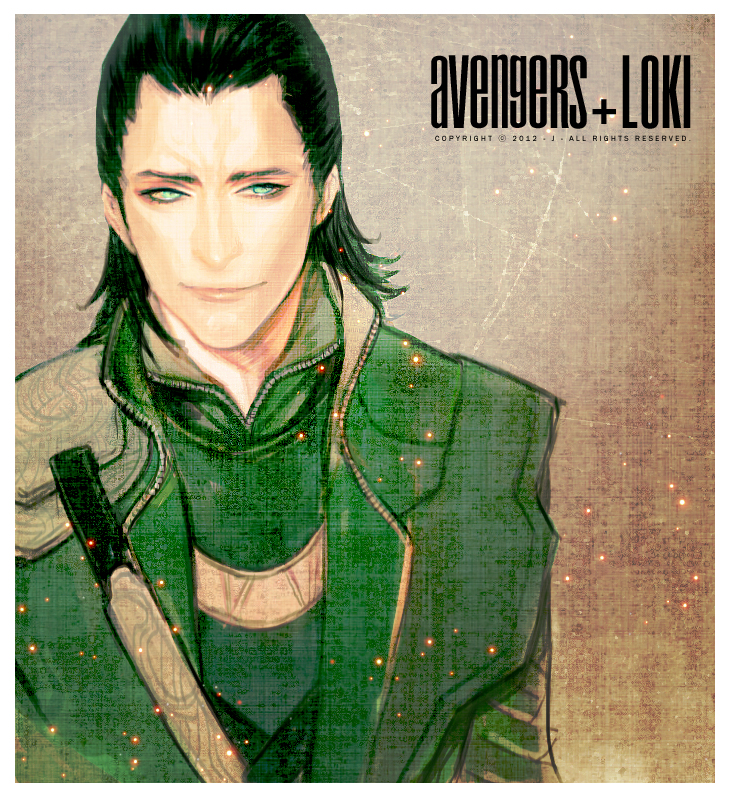1boy animification avengers_(series) black_hair blue_eyes character_name copyright_name glowing glowing_eyes green_hair green_theme hair_slicked_back j_(onose1213) loki_(marvel) male_focus marvel marvel_cinematic_universe realistic smile solo