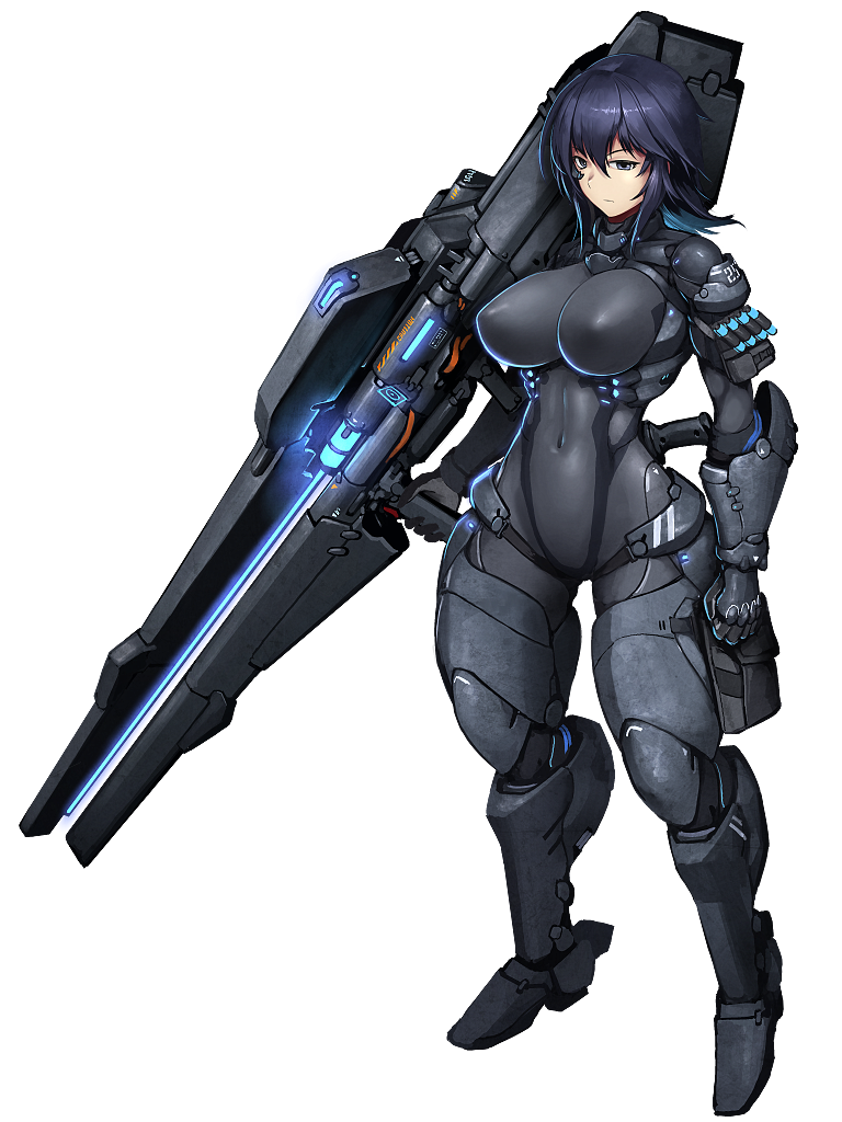 1girl arm_armor black_eyes black_hair bodysuit breasts closed_mouth covered_erect_nipples dairoku_ryouhei directed-energy_weapon energy_cannon energy_gun energy_weapon full_body glowing glowing_gun glowing_gun_barrel grey_bodysuit hetza_(hellshock) holding holding_weapon large_breasts leg_armor medium_hair pouch science_fiction skin_tight solo standing transparent_background weapon