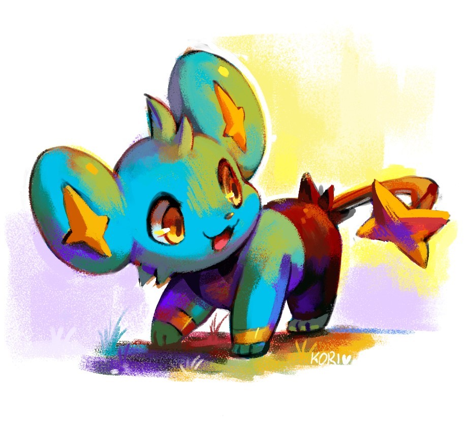 :3 artist_name border fading_border full_body gen_4_pokemon glowing glowing_tail grass happy koriarredondo looking_at_tail looking_back nintendo no_humans open_mouth painterly paw_up pokemon pokemon_(creature) pokemon_focus shinx signature solo standing white_background yellow_eyes