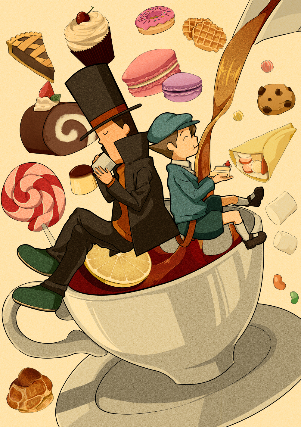 2boys black_coat black_pants cake candy child closed_eyes closed_mouth coat coffee_mug cookie crepe cup donut drinking eating food green_shorts hat hershel_layton high_collar highres kouseishinyaku lollipop long_sleeves luke_triton macaron marshmallow mug multiple_boys orange_shirt oversized_food oversized_object pants pie professor_layton pudding shirt shoes shorts sitting smile swiss_roll tea teacup top_hat waffle