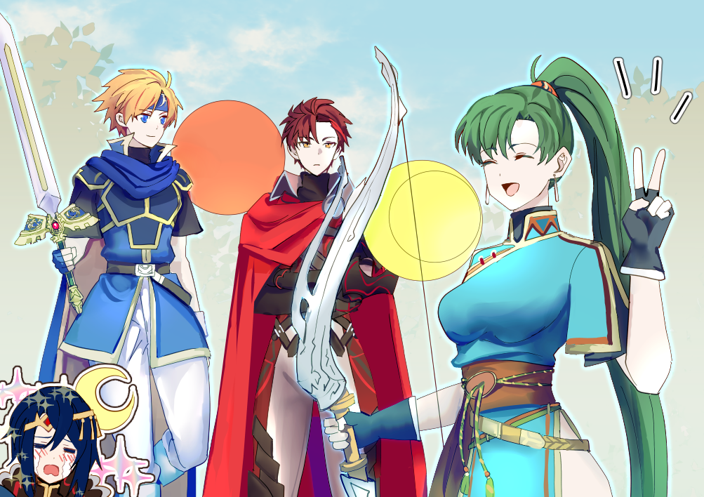 1girl 3boys alcryst_(fire_emblem) blue_dress blue_hair bow_(weapon) breasts cape diamant_(fire_emblem) dress earrings fingerless_gloves fire_emblem fire_emblem:_the_binding_blade fire_emblem:_the_blazing_blade fire_emblem_engage gloves green_hair high_ponytail holding holding_bow_(weapon) holding_sword holding_weapon jewelry lyn_(fire_emblem) medium_breasts multiple_boys nintendo pelvic_curtain ponytail red_cape red_eyes red_hair rope_belt roy_(fire_emblem) shoochiku_bai side_slit sword v weapon