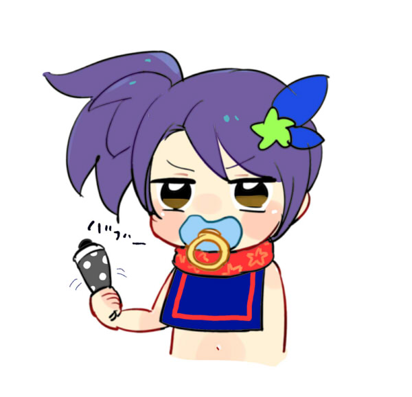 1girl aged_down bib blush blush_stickers brown_eyes cropped_torso hair_ornament holding holding_rattle looking_at_viewer navel nose_blush pacifier pretty_series pripara purple_hair rattle side_ponytail simple_background solo toudou_shion translation_request white_background xxogorexx