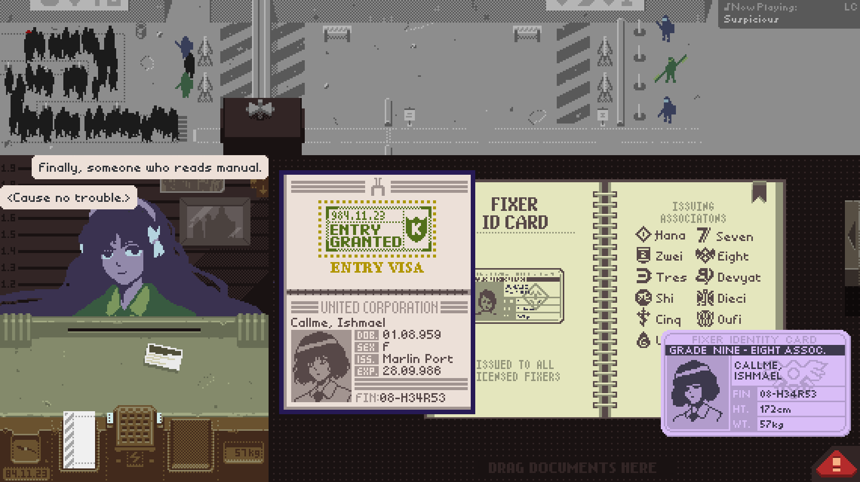 1girl bow character_name english_text fake_screenshot gameplay_mechanics highres ishmael_(project_moon) limbus_company long_hair looking_at_viewer papers_please passport project_moon redm0e road smile