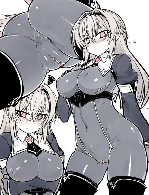 1girl anus blush bodysuit breasts cameltoe clitoris clitoris_cutout covered_erect_nipples covered_navel exposed_clitoris fat_mons flying_sweatdrops greyscale hairband large_breasts lilia_(null) long_hair looking_at_viewer monochrome multiple_views null_(nyanpyoun) original pointy_ears simple_background white_background