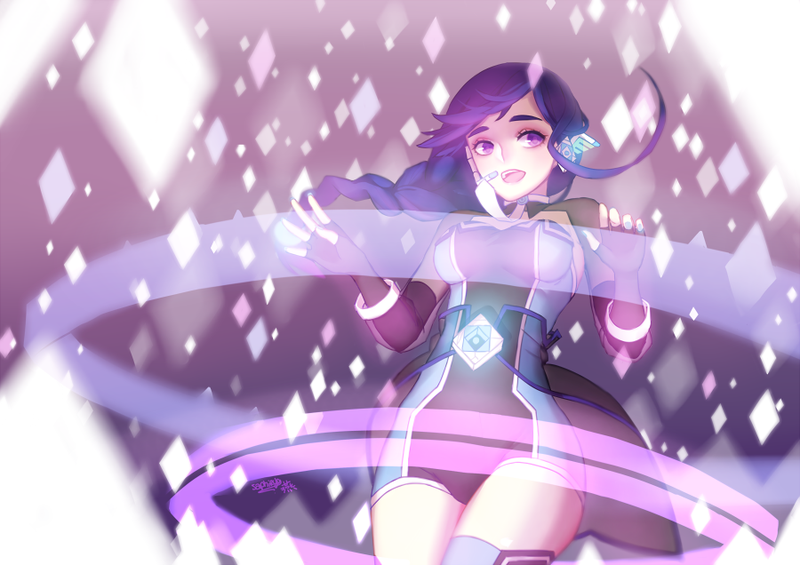 1girl alys blue_hair female_focus fingerless_gloves gloves long_hair nail_polish purple_eyes saphirya voxwave