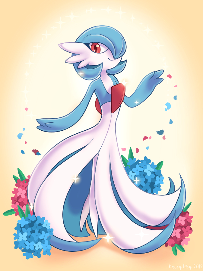 alternate_color artist_name blue_flower blue_hair bob_cut colored_skin dress falling_petals flower gardevoir gen_3_pokemon kaceymeg looking_at_viewer multicolored_skin nintendo no_feet petals pink_eyes pink_flower pokemon pokemon_(creature) shiny_pokemon simple_background smile sparkle two-tone_skin white_dress white_skin
