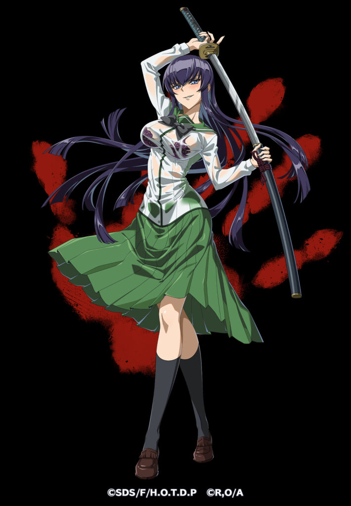 arifureta_shokugyou_de_sekai_saikyou bad_tag blush bra bra_visible_through_clothes busujima_saeko helmet highschool_of_the_dead holding holding_weapon katana naughty_face purple_bra purple_eyes school_uniform see-through_clothes see-through_shirt shirt smile socks sword underwear weapon wet wet_clothes