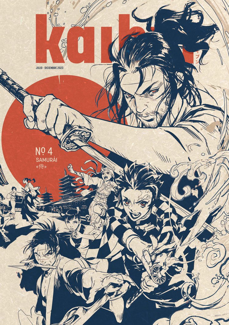 3girls 5boys architecture asano_rin beard blade_of_the_immortal checkered_coat cover crossover east_asian_architecture facial_hair floating_hair fuu_(samurai_champloo) haori holding holding_sword holding_weapon japanese_clothes jinnosuke kaibun_(magazine) kamado_nezuko kamado_tanjirou katana kimetsu_no_yaiba kimono long_hair magazine_cover manji miyamoto_musashi_(vagabond) mugen_(samurai_champloo) multiple_boys multiple_crossover multiple_girls official_art open_hand open_mouth orange_eyes ponytail samurai samurai_champloo shira_(blade_of_the_immortal) short_hair spot_color sword toni_infante trait_connection vagabond water weapon weapon_in_mouth