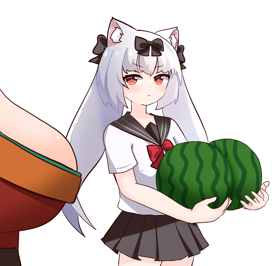 2girls :v animal_ears azur_lane black_bow black_sailor_collar black_skirt blush bow bowtie breast_envy breasts cat_ears cat_girl commentary_request food frown fruit glitchcampus hair_between_eyes hair_bow holding holding_food holding_fruit large_breasts long_hair looking_at_another looking_at_breasts melon miniskirt multiple_girls orange_eyes pleated_skirt red_bow red_bowtie sailor_collar school_uniform serafuku short_sleeves skirt small_breasts solo_focus staring taihou_(azur_lane) twintails very_long_hair white_hair white_serafuku yukikaze_(azur_lane)
