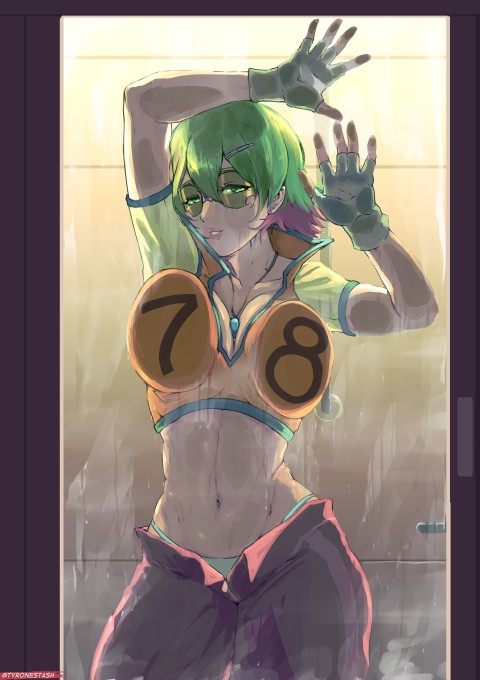 1girl against_glass between_breasts breast_press breasts breasts_on_glass cleavage commentary english_commentary fingerless_gloves glasses gloves green-tinted_eyewear green_eyes green_hair hair_ornament hairclip high_collar jewelry large_breasts lips looking_at_viewer midriff navel open_fly pants pendant plunging_neckline redline solo sonoshee_mclaren sunglasses sweat tinted_eyewear tyrone visor wet