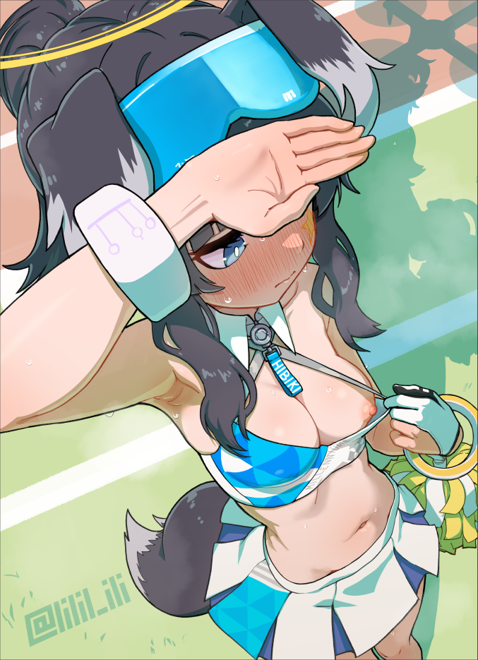 1girl animal_ears arm_up armpits bare_shoulders black_hair blue_archive blue_eyes blush breasts cheerleader clothes_pull dog_ears dog_girl dog_tail embarrassed eyewear_on_head flashing from_above halo hand_over_face hibiki_(blue_archive) hibiki_(cheer_squad)_(blue_archive) long_hair looking_to_the_side medium_breasts millennium_cheerleader_outfit_(blue_archive) navel nipples no_bra official_alternate_costume one_breast_out opened_by_self pulling_own_clothes solo special_cat star_sticker sticker_on_face sweat tail