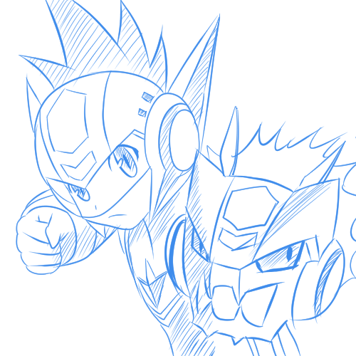 1boy arm_cannon assault_visor blue_theme commentary_request curakuru frown geo_stelar_(mega_man) hatching_(texture) helmet incoming_attack incoming_punch linear_hatching lowres male_focus mega_man_(series) mega_man_star_force_(series) monochrome omega-xis_(mega_man) punching simple_background spiked_hair star_force_mega_man weapon white_background