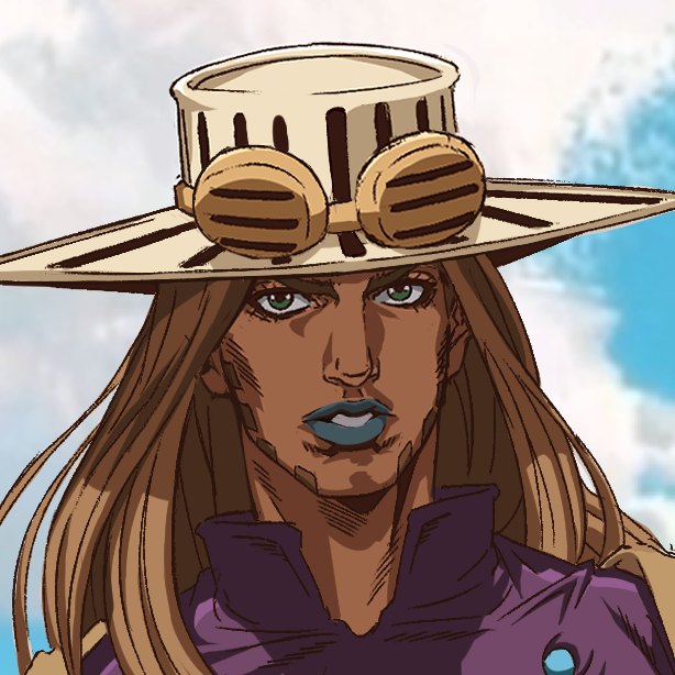1boy araki_hirohiko_(style) beard blue_lips blue_sky brown_goggles brown_hair brown_hat cloud cowboy_hat facial_hair goggles goggles_on_headwear grandguerrilla green_eyes gyro_zeppeli hat high_collar jojo_no_kimyou_na_bouken long_hair portrait purple_shirt shirt sky steel_ball_run