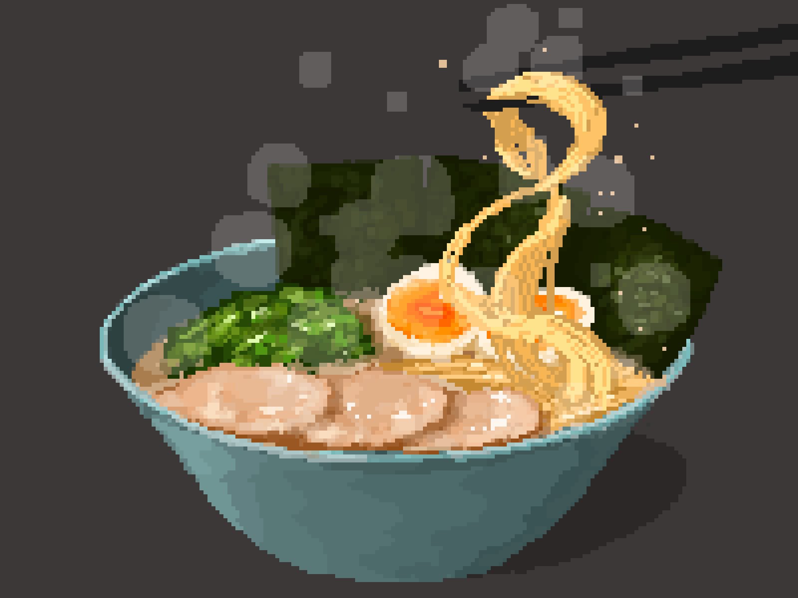 bowl char-siu chopsticks food food_focus heimuer highres hisachan55cute no_humans noodles nori_(seaweed) original pixel_art ramen simple_background softboiled_egg soup steaming_food still_life