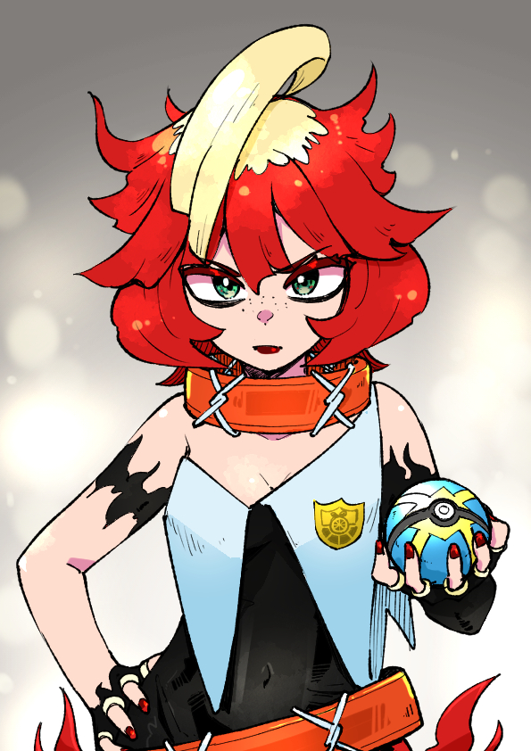 1girl ahoge armband belt black_bodysuit blonde_hair bodysuit closed_mouth collar commentary_request covered_navel freckles gomomo00 green_eyes hand_on_own_hip holding holding_poke_ball lipstick looking_at_viewer makeup mela_(pokemon) multicolored_hair nail_polish nintendo orange_belt orange_collar poke_ball pokemon pokemon_sv quick_ball red_hair red_lips solo team_star two-tone_hair vest