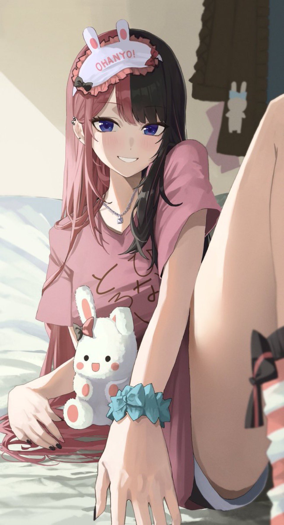 1girl art_mu black_bow black_hair black_shorts bow bow_legwear ear_piercing highres long_hair multicolored_hair on_bed open_mouth piercing pink_hair pink_shirt pink_socks scrunchie shirt short_sleeves shorts smile socks solo striped_clothes striped_socks stuffed_toy tachibana_hinano two-tone_hair virtual_youtuber vspo! wrist_scrunchie