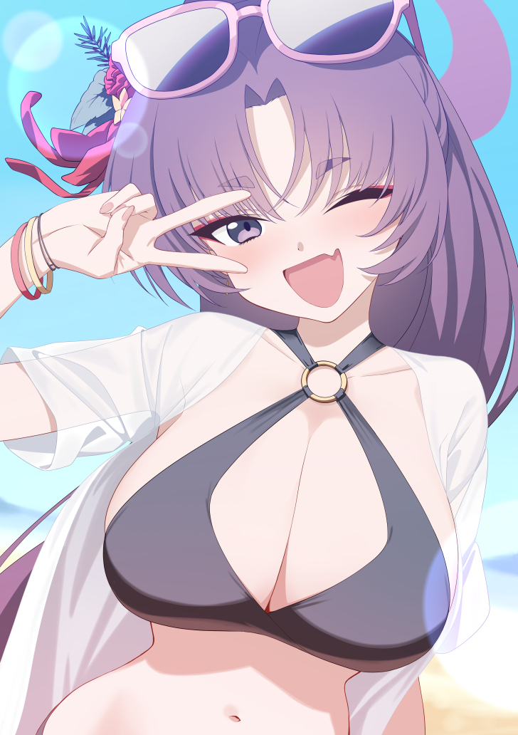 1girl bikini black_bikini blue_archive blush breasts cleavage commentary_request eyewear_on_head halo large_breasts long_hair looking_at_viewer navel ochiaki official_alternate_costume official_alternate_hairstyle open_mouth pink-framed_eyewear ponytail purple_halo smile solo swimsuit yukari_(blue_archive) yukari_(swimsuit)_(blue_archive)