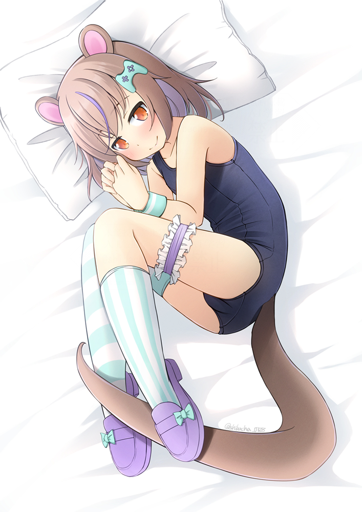 1girl animal_ears asymmetrical_legwear blue_one-piece_swimsuit borrowed_character brown_hair colored_inner_hair commentary_request commission controller fetal_position game_controller hair_ornament lying multicolored_hair on_side one-piece_swimsuit orange_eyes original pillow purple_hair purple_shoes school_uniform shibacha shoes short_hair single_thighhigh skeb_commission socks solo streaked_hair striped_clothes striped_socks striped_thighhighs swimsuit tail thighhighs wristband