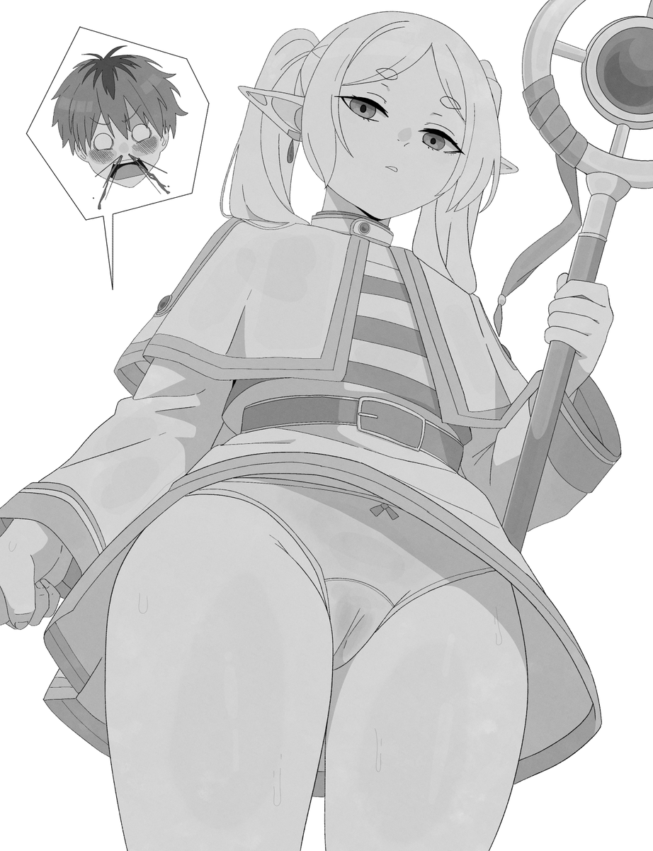 1boy 1girl belt cameltoe capelet close-up cowboy_shot earrings elf expressionless eyebrows eyelashes fenqury flat_chest frieren from_below greyscale highres holding holding_staff jewelry long_hair long_pointy_ears long_sleeves looking_at_viewer looking_down monochrome nervous panties parted_lips pointy_ears shirt simple_background solo_focus sousou_no_frieren staff standing stark_(sousou_no_frieren) striped_clothes striped_shirt surprised thick_eyebrows tunic twintails underwear white_background
