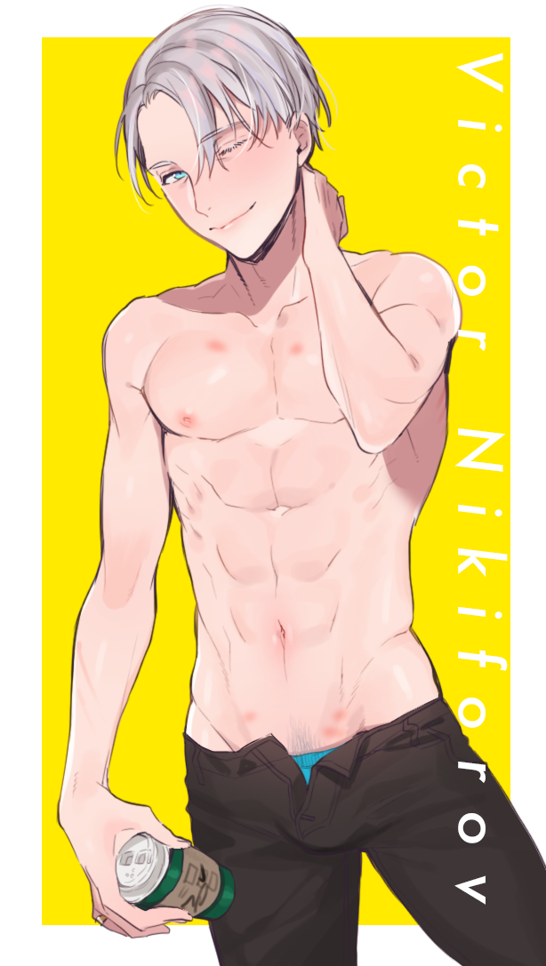 10s 1boy abs ink looking_at_viewer male_focus nipples nito_(siccarol) topless_male silver_hair smile solo tagme undressing viktor_nikiforov yuri!!!_on_ice