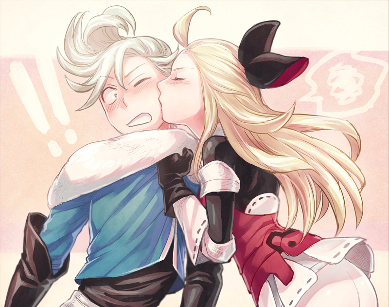 ! !! 1boy 1girl ahoge ass blonde_hair blue_eyes blush bow bravely_default:_flying_fairy bravely_default_(series) clothes_grab collar_grab commentary_request edea_lee gloves grey_hair hair_bow kissing_cheek long_hair neckwear_grab open_mouth ringabel satou_kivi