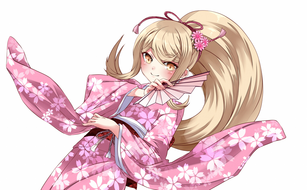 1girl blonde_hair blush closed_mouth commentary_request danganronpa_(series) danganronpa_2:_goodbye_despair eyelashes flower hair_flower hair_ornament hand_fan holding holding_fan japanese_clothes kaikai kimono long_hair official_alternate_costume official_alternate_hairstyle pink_flower pink_kimono ponytail saionji_hiyoko simple_background smile solo variant_set white_background yellow_eyes