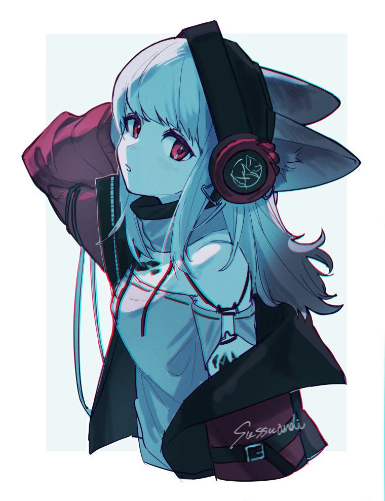 1girl animal_ears arknights arm_behind_head arm_up artist_name black_hat border chromatic_aberration commentary cropped_torso ears_through_headwear frostleaf_(arknights) grey_background grey_hair hat jacket looking_at_viewer material_growth medium_hair off_shoulder oripathy_lesion_(arknights) outside_border parted_lips red_eyes red_jacket simple_background solo sutoa white_border