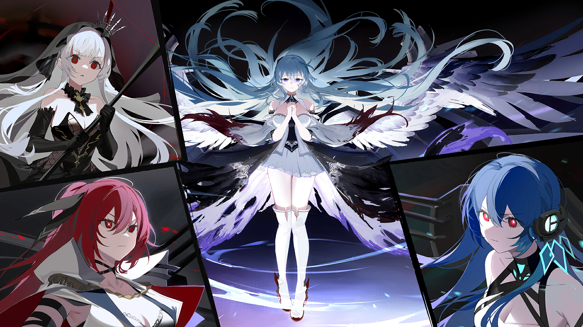 angel_wings azur_lane bare_shoulders black_dress black_gloves black_wings blue_eyes blue_hair boots braid breasts burnt_clothes cape chain cleavage closed_mouth crown detached_sleeves dress feathered_wings floating floating_hair full_body gloves hair_between_eyes hair_ornament hands_up helena_(meta)_(azur_lane) high_heel_boots high_heels highres large_breasts oversized_wings long_hair military_vehicle miniskirt multiple_girls multiple_wings non-web_source official_art own_hands_clasped own_hands_together pleated_skirt queen_elizabeth_(meta)_(azur_lane) red_eyes red_footwear red_hair ribbon rigging rodney_(azur_lane) rodney_(meta)_(azur_lane) serious ship ship_turret shoes skirt standing strapless strapless_dress thigh_boots thighhighs torn_clothes very_long_hair warship watercraft white_footwear white_hair white_skirt wichita_(azur_lane) wichita_(meta)_(azur_lane) wide_shot wings zettai_ryouiki