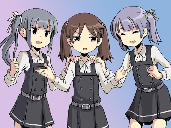 3girls belt blunt_bangs brown_eyes brown_hair clenched_hand closed_eyes commentary cosplay dress gradient_background green_ribbon grey_hair hair_ribbon hand_on_another&#039;s_shoulder kantai_collection kasumi_(kancolle) kasumi_(kancolle)_(cosplay) long_sleeves multiple_girls ooshio_(kancolle) open_mouth pinafore_dress remodel_(kantai_collection) ribbon ryuujou_(kancolle) side_ponytail simple_background sixten sleeveless_dress smile thumbs_up twintails white_ribbon