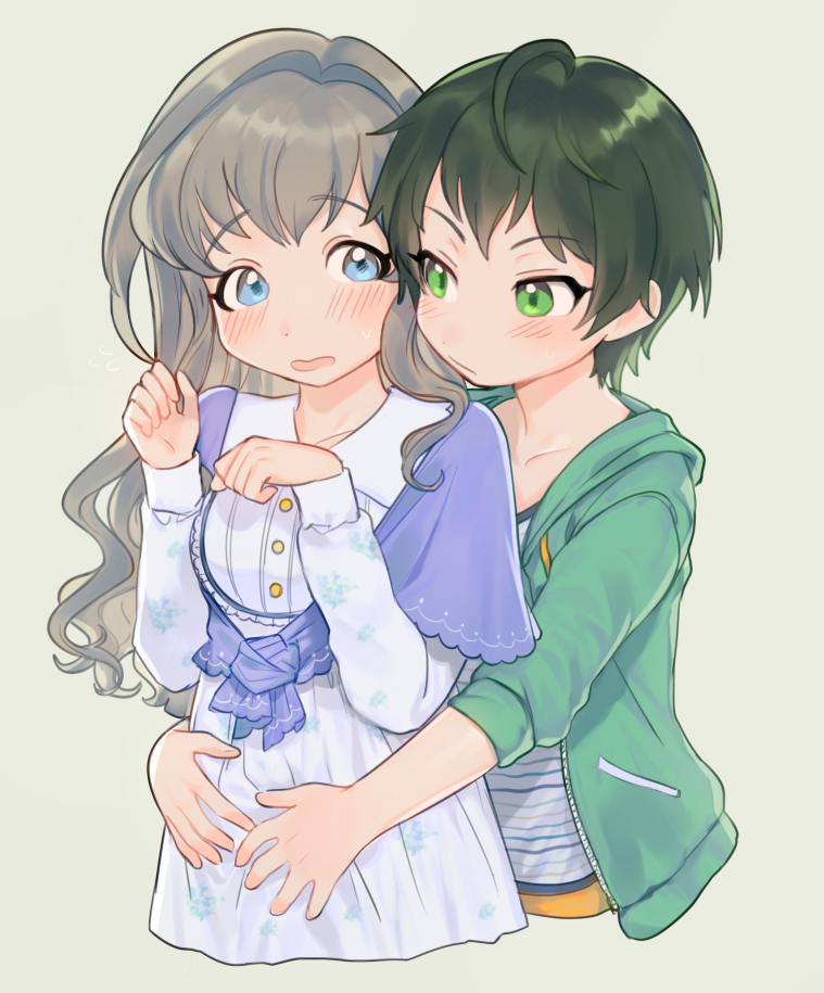 2girls battle_girl_high_school blue_eyes blush bp_(hbgppppp) closed_mouth dress eyelashes green_eyes green_hair green_jacket grey_background grey_hair hug hug_from_behind jacket long_sleeves looking_at_another multiple_girls narumi_haruka open_mouth shirt short_hair simple_background striped_clothes striped_shirt tomboy wakaba_subaru white_dress yuri