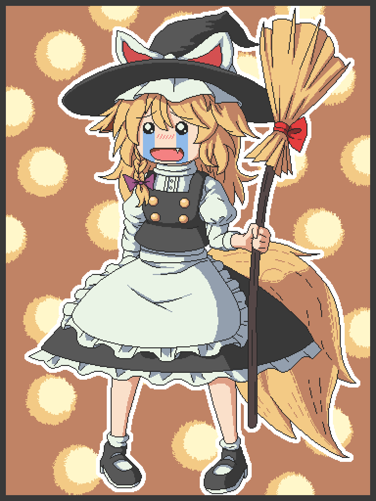 aksawshin apron black_footwear black_headwear black_skirt black_vest blonde_hair bow braid broom buttons frilled_skirt frills hair_bow hat hat_bow kirisame_marisa kitsune long_hair mary_janes meme pixel_art puffy_short_sleeves puffy_sleeves shirt shoes short_sleeves side_braid single_braid skirt skirt_set socks the_memories_of_phantasm touhou turtleneck unfinished_dream_of_all_living_ghost vest waist_apron white_apron white_bow white_shirt wily_beast_and_weakest_creature witch_hat youkai_fox_(wild_and_horned_hermit)
