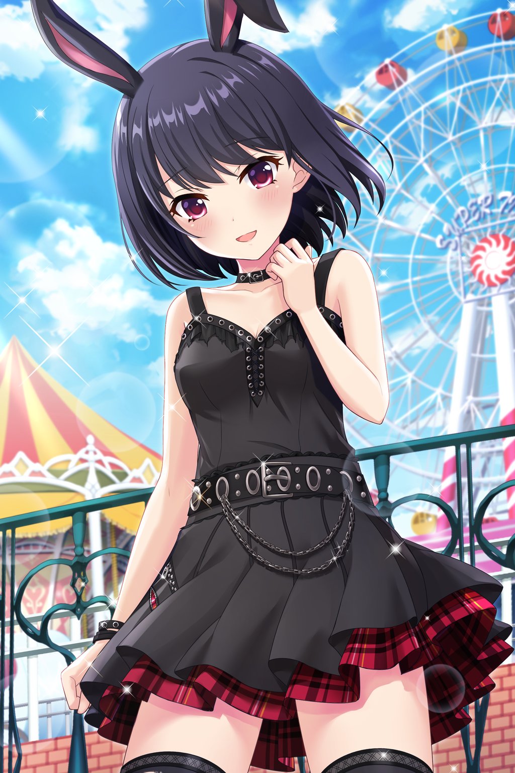 1girl alternative_girls amusement_park animal_ears belt black_belt black_choker black_dress black_hair carousel chain choker dress fence ferris_wheel highres looking_at_viewer official_art onitsuka_chiho open_mouth rabbit_ears red_eyes short_hair sleeveless sleeveless_dress smile solo sunlight
