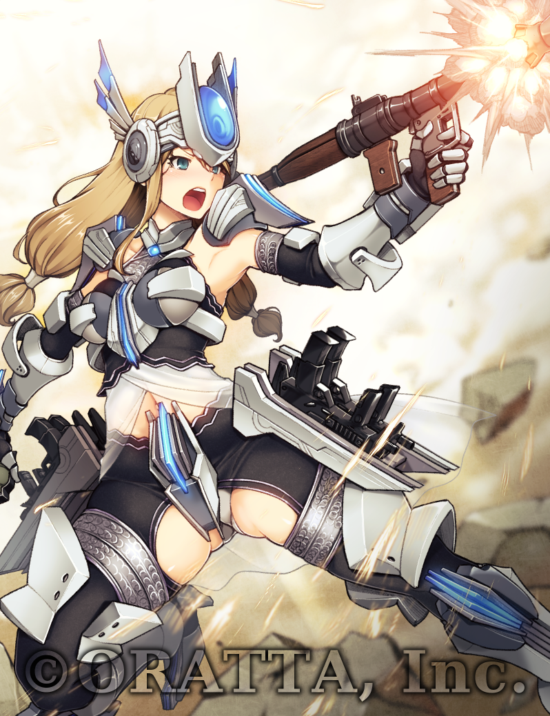 1girl aqua_eyes armor blonde_hair blush breasts breasts_apart character_request chloris_garden commentary_request company_name elbow_gloves finger_on_trigger firing gauntlets gloves gluteal_fold headgear holding holding_weapon long_hair long_sidelocks medium_breasts midriff navel open_mouth painpa rocket_launcher rpg rpg-7 rpg_(weapon) science_fiction shoulder_armor sidelocks solo thighhighs twintails vambraces very_long_hair weapon