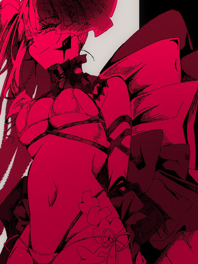 1girl baobhan_sith_(fate) baobhan_sith_(swimsuit_pretender)_(third_ascension)_(fate) bikini breasts detached_collar earrings fate/grand_order fate_(series) jewelry light_smile looking_at_another navel ogura_hasu red_theme side_ponytail solo swimsuit veil